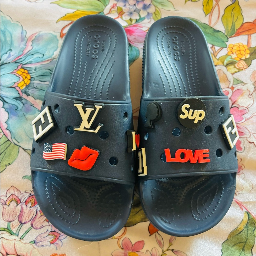 Women’s Navy Blue Crocs with Fun Charms.